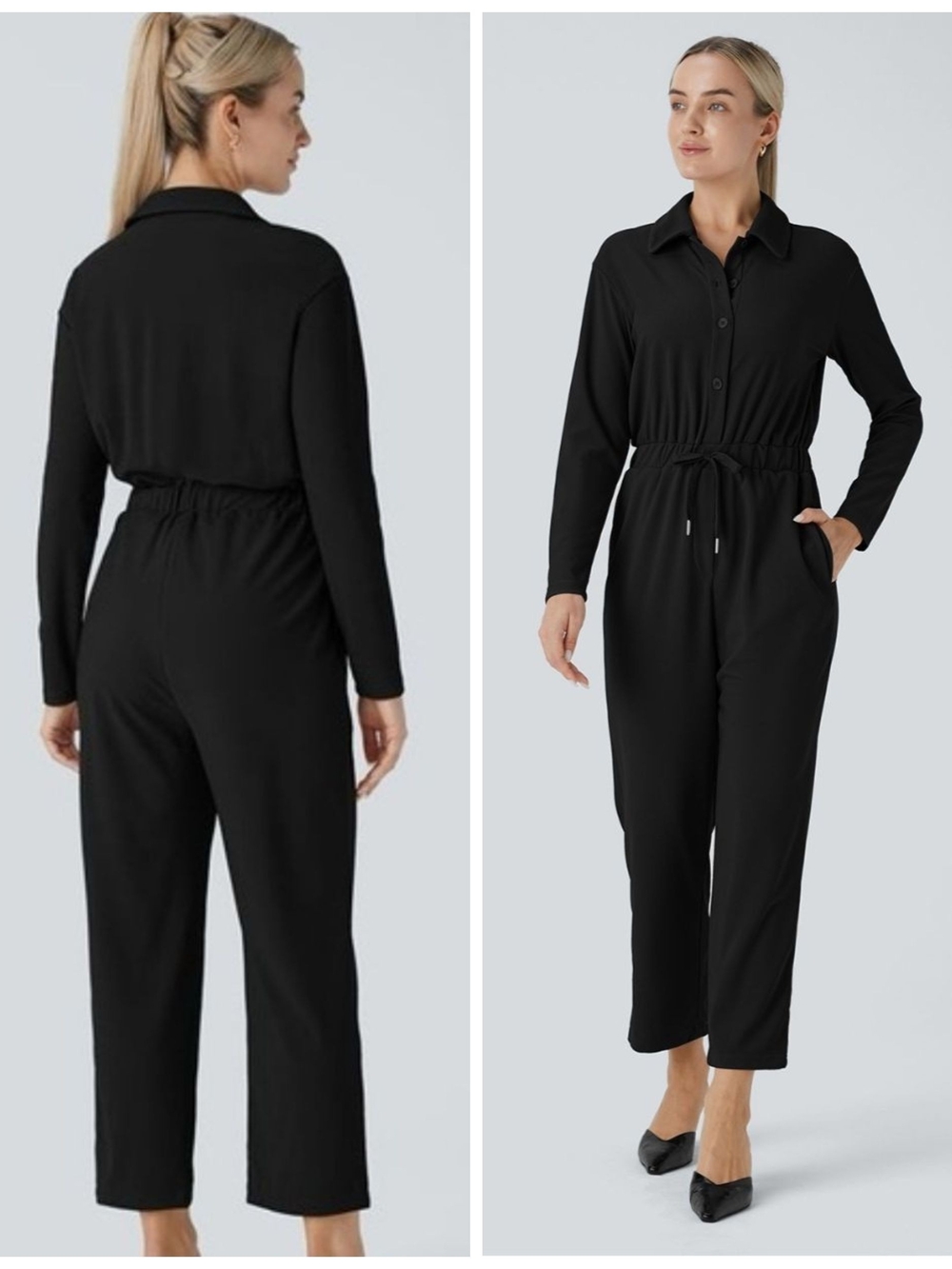 NWT Halara Collared Button Long Sleeve Drawstring Micro Waffle Work Jumpsuit